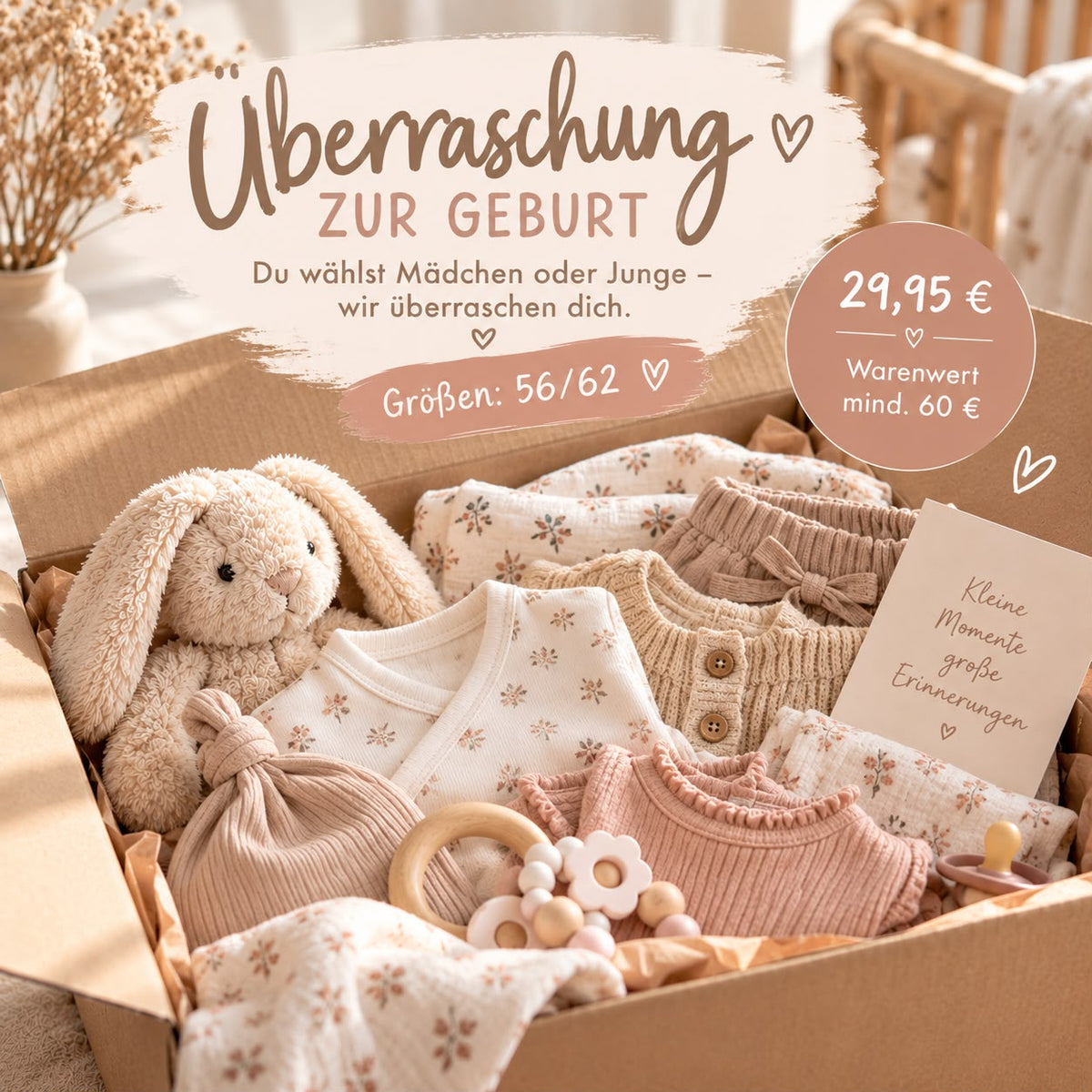 Beispielzusammenstellung der Überraschung zur Geburt mit Babykleidung, Kuschelhase und Accessoires – mindestens 60 € Warenwert für 29,95 €
