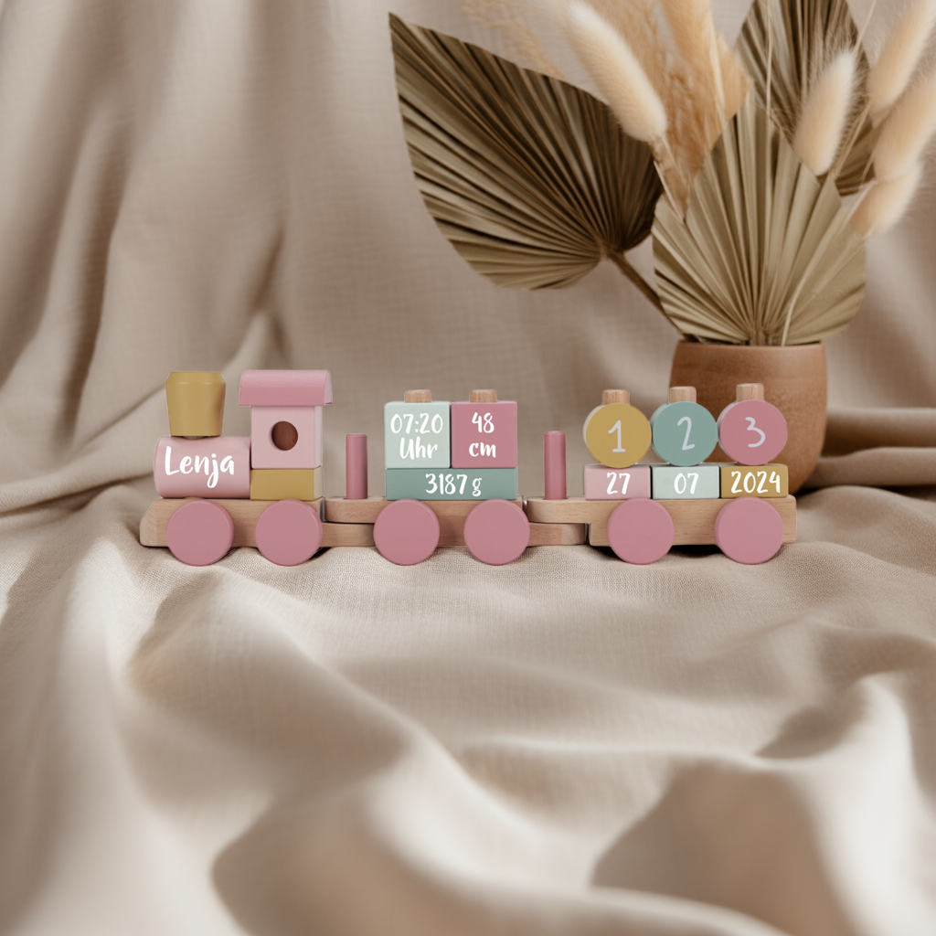 Train en bois personnalisé Jardin enchanté – Cadeau de naissance