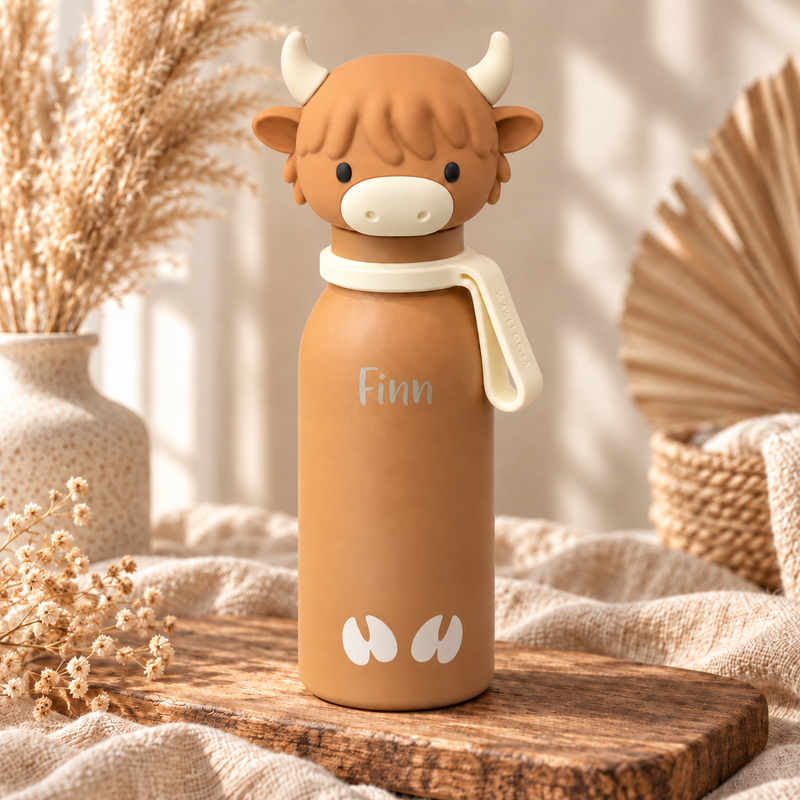 Personalisierte Kinder-Thermosflasche Highland Cow 400 ml mit Name Finn